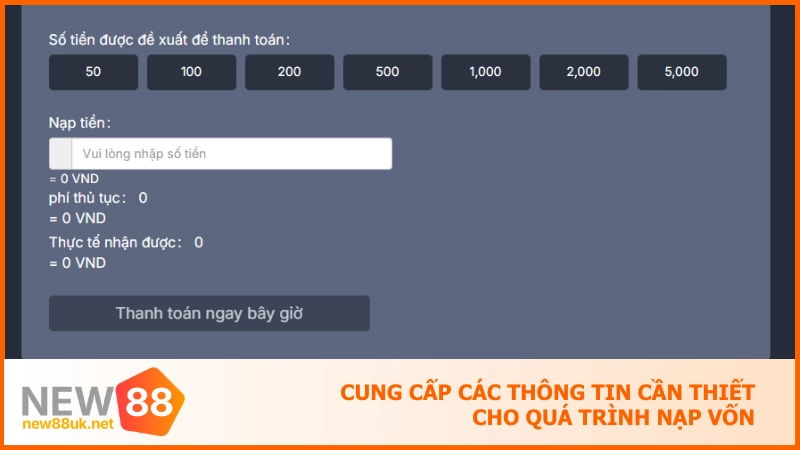 Nạp tiền new88 - Tạo vốn nhanh chóng chỉ trong vài click 4 Cung cấp các thông tin cần thiết cho quá trình nạp vốn