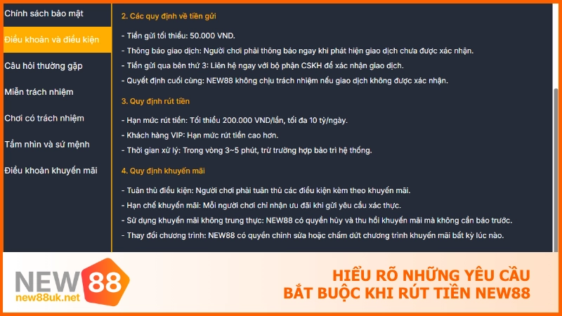 Hiểu rõ những yêu cầu bắt buộc khi rút tiền NEW88