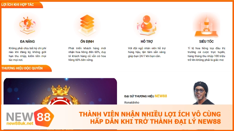 Đại lý new88 - Mô hình kinh doanh với hoa hồng siêu khủng 2 Thành viên nhận nhiều lợi ích vô cùng hấp dẫn khi trở thành đại lý NEW88